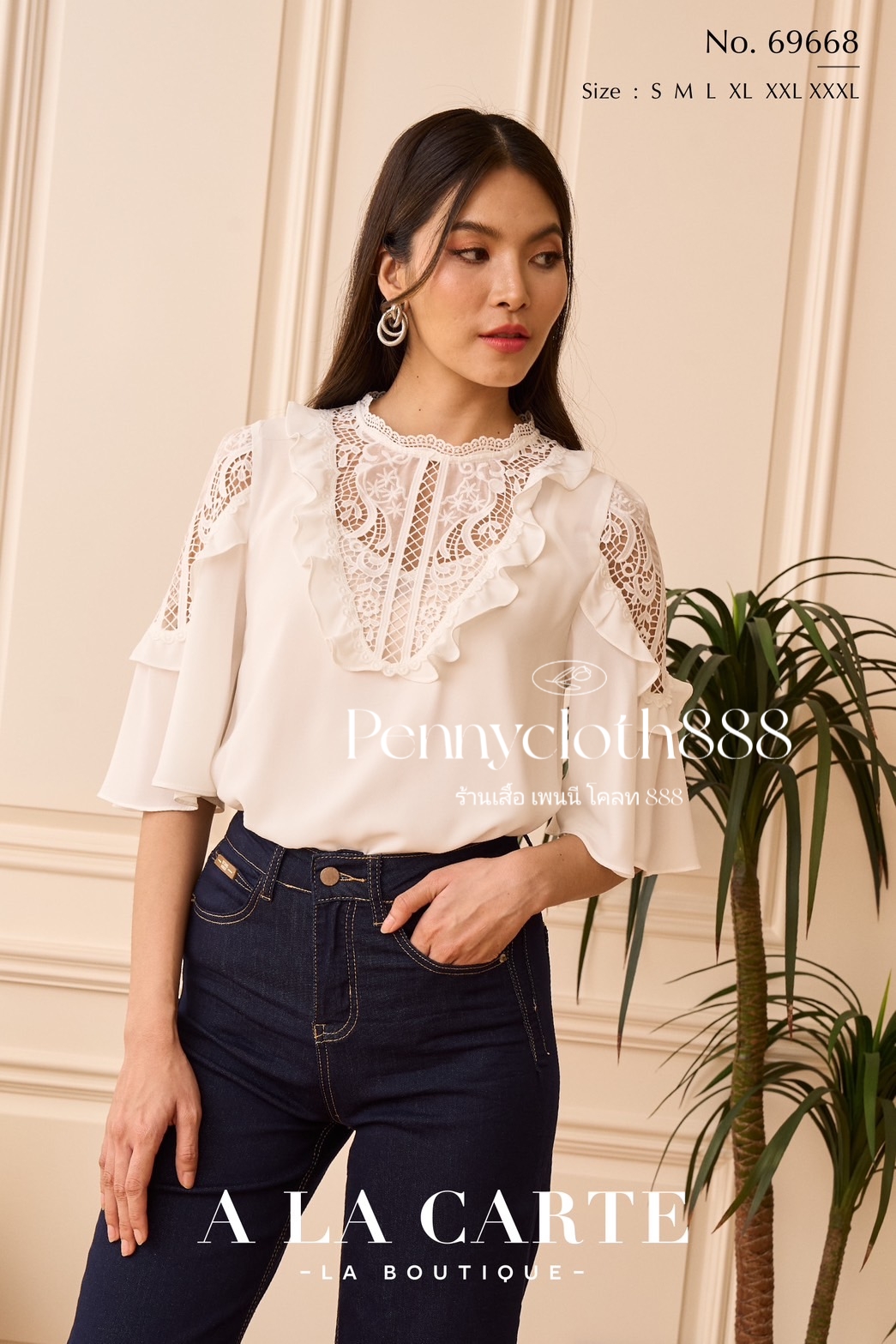 69668 เสื้อ A La Carte ชีฟอง คอกลม งานปักและทอลูกไม้ที่อกและแขน มีซับในเย็บติด แขนทรงแฟร์