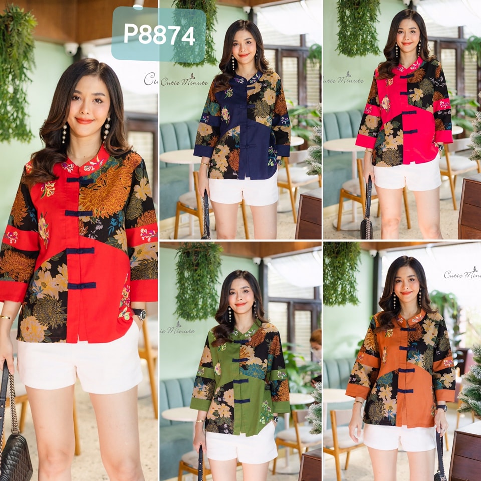 P8874🎋🧧💐เสื้อตรุษจีนผ้าฝ้ายลินินเกาหลี งานปักดอกไม้ที่ปกคอช่วงเเขนเเละช่วงลำตัวลายเส้นสวยเด่นชัด ผสมผสานผ้าลายดอกเก๋ อก 44" สีแดง บานเย็น เขียว ส้ม กรม