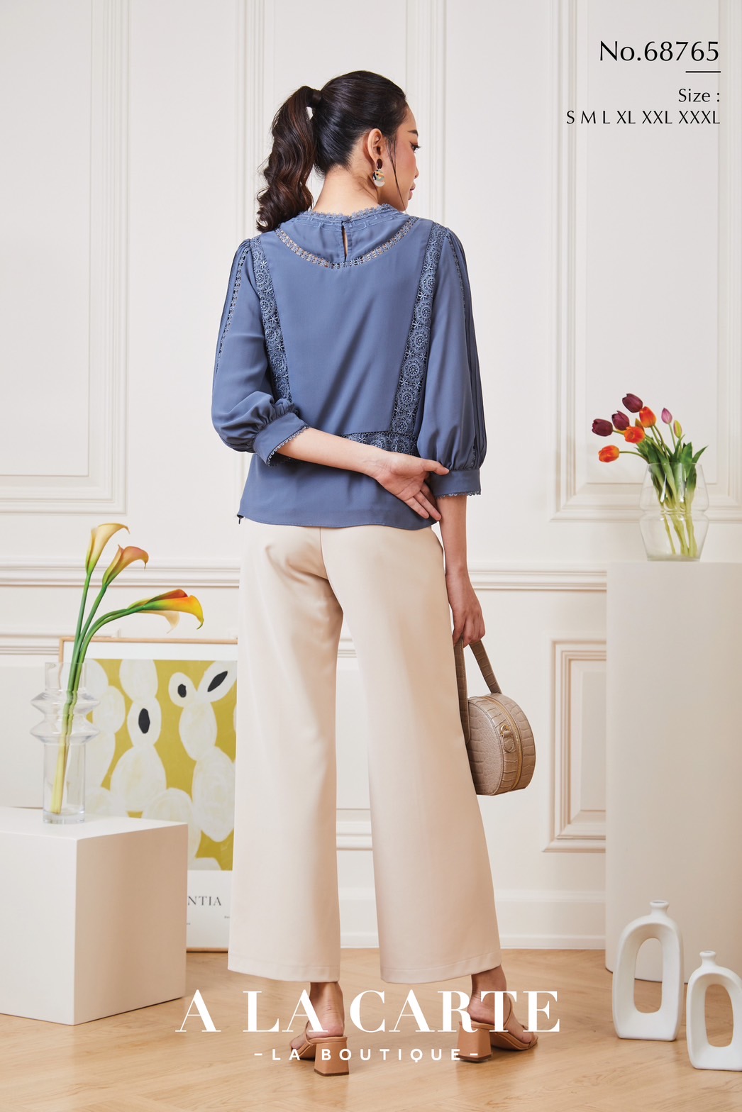 68765 เสื้อชีฟอง A LA CARTE งานปัก แทรกทริม สวยหรู มีซับใน ขนาด 3XL 46" สีขาว แดง เทา