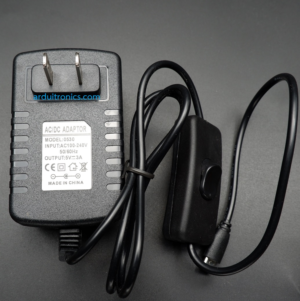micro USB Power Supply Adapter 5V 3A แบบมี switch ON/OFF (ปลั๊กหัวแบน)