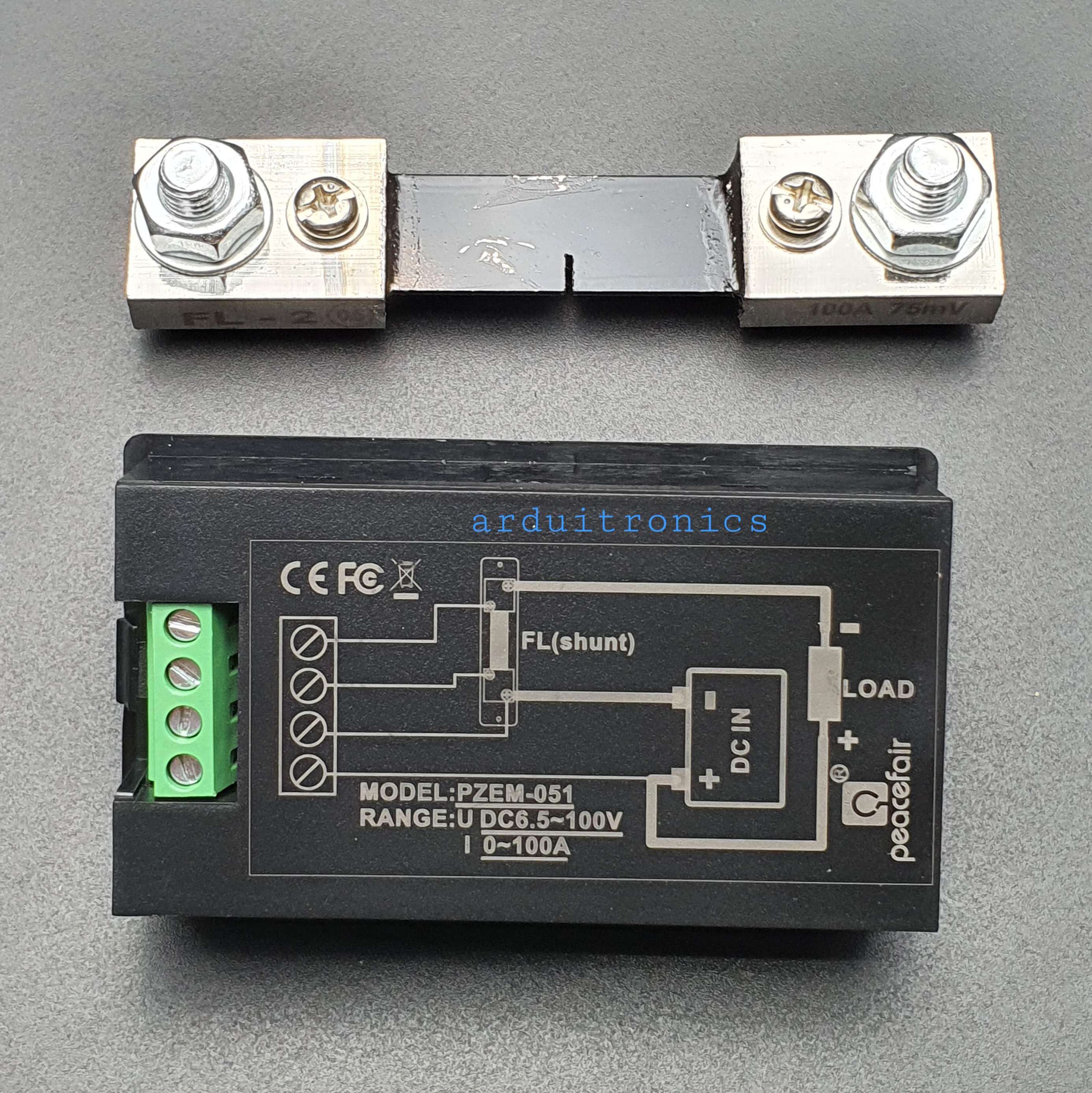 PZEM-051 DC V-A Panel Meter รุ่น PZEM-051-DC-100A (0-100A, 6.5-100V) + 100A External Shunt