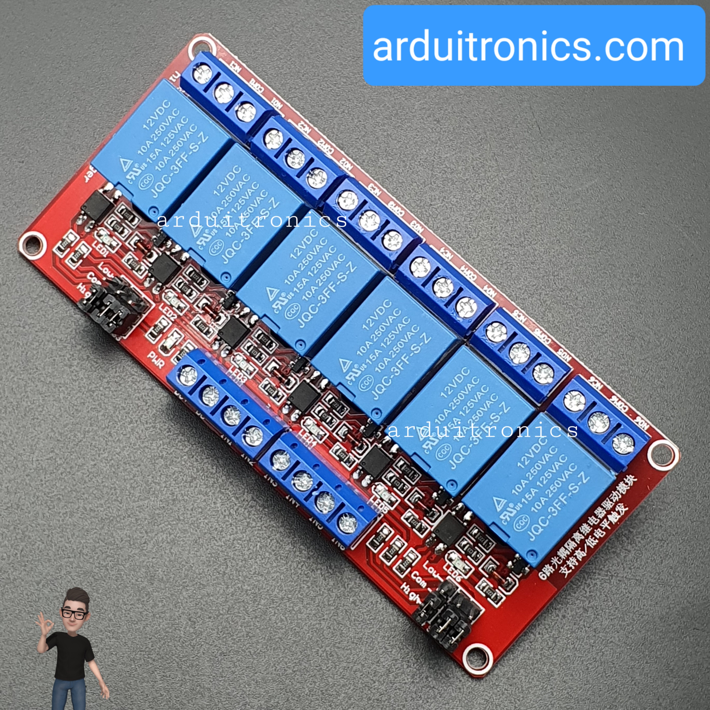 6 Channel Relay Module High/Low Level Trigger (12V) - Red PCB