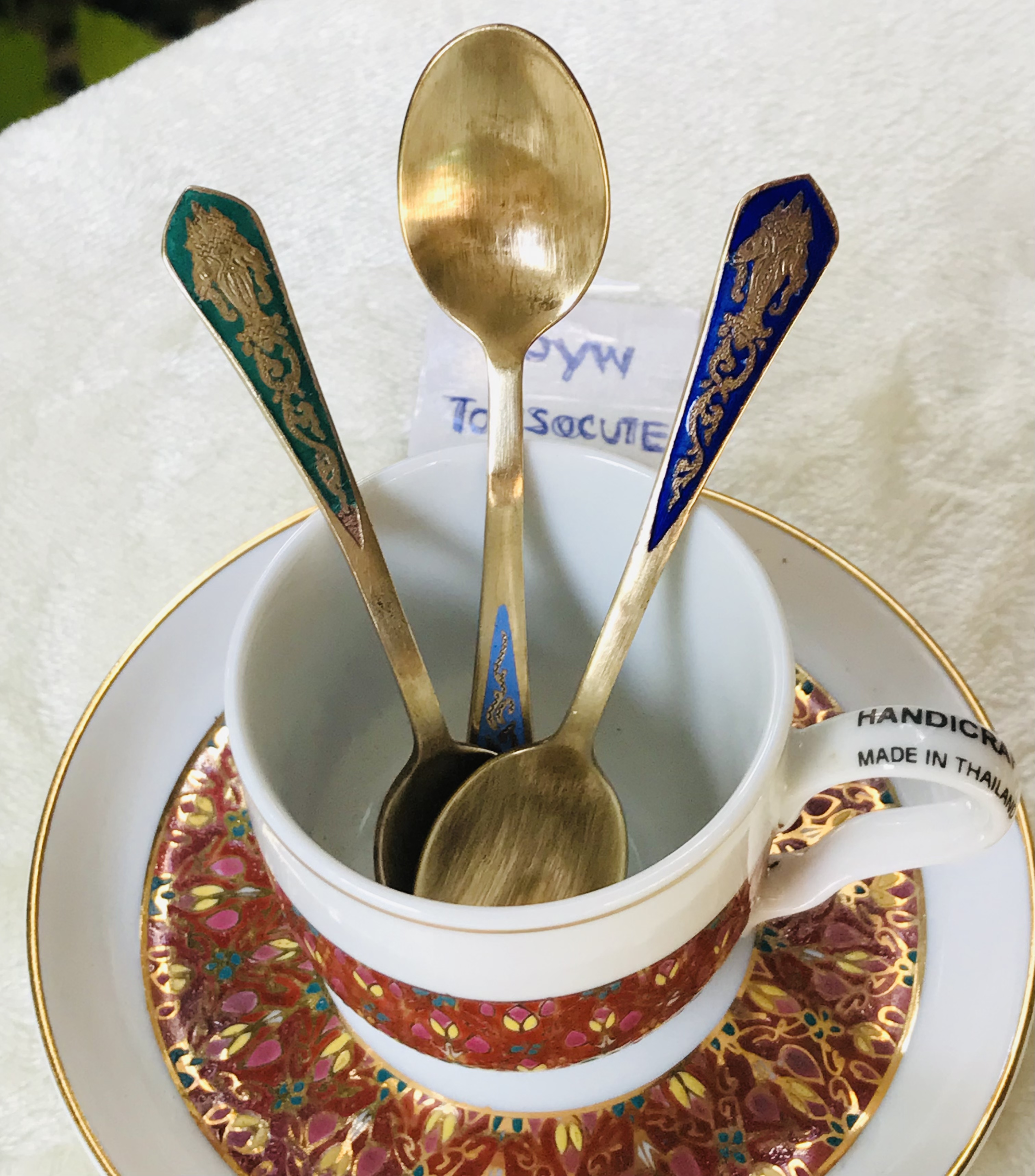 เริ่มต้นชุดละ 390 บาท Antique Brass ช้อนกาแฟทองเหลืองลงยา ช้อนขนมหวานทองเหลืองตอกลาย ขนาดยาว 10-11 ซม