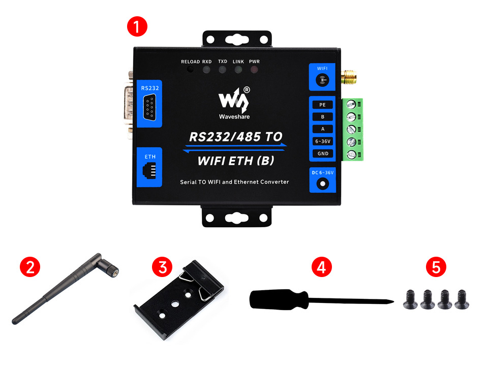 Industrial Grade Serial Server RS232/485 To WiFi and Ethernet, Modbus Gateway, MQTT Gateway, Metal Case (ของแท้จาก Waveshare) มาพร้อมเสาอากาศแบบแข็ง