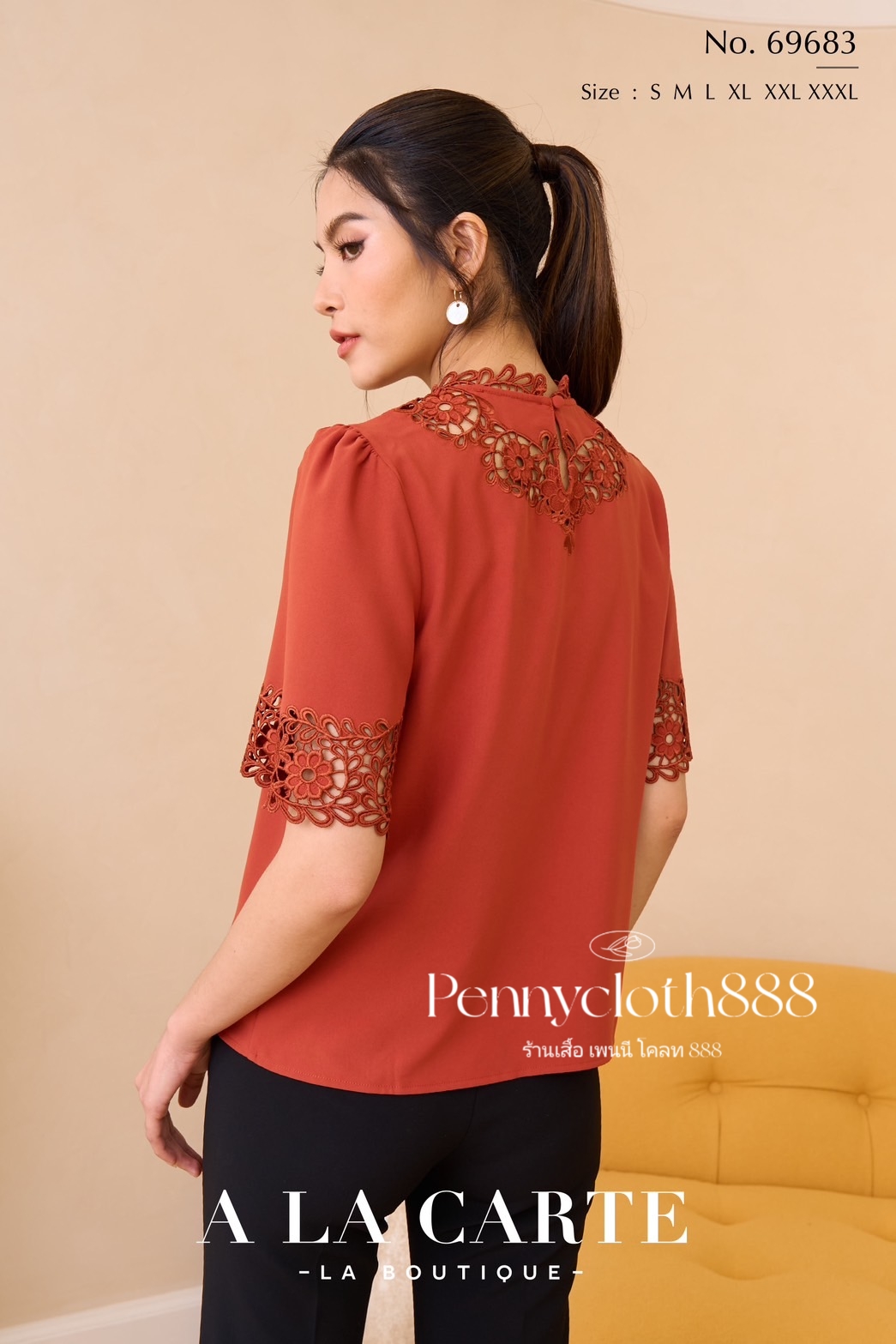 69683 เสื้อ A La Carte เครปเนื้อนุ่ม คอกลม แขนสั้นทรงแฟร์ งานปักฉลุเซาะทอลูกไม้ มีซับใน by PENNY CLOTH 888