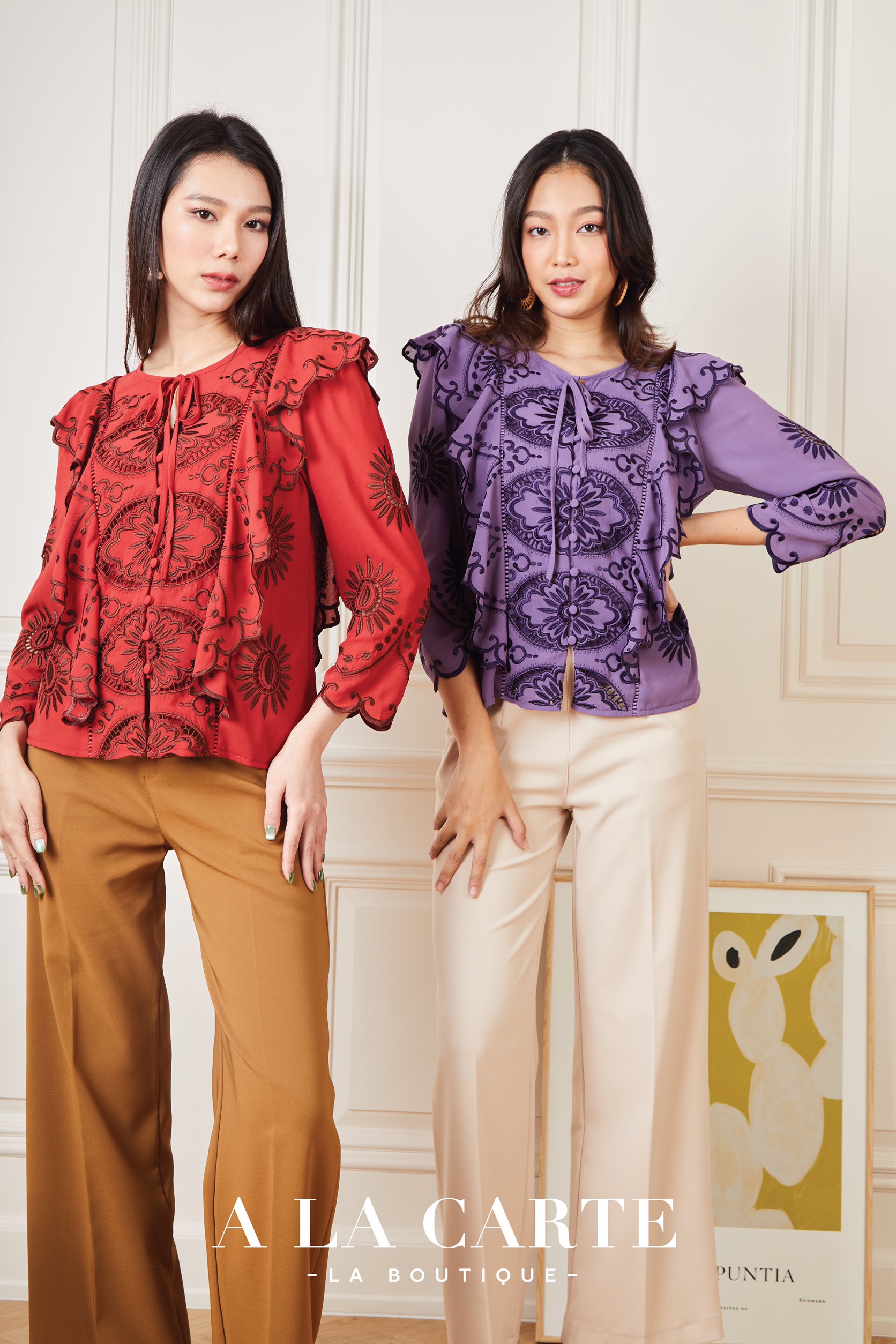 68563 เสื้อชีฟองงานปักฉลุ งานปักขึ้นใหม่เล่นสี two-tone ถมด้าย ด้านหน้าติดกระดุมเรียงกันลงมา ปลดได้มีสาบซ่อนด้านใน แขนทรงกระบอกปักฉลุเลาะเชิง สีม่วง 2XL สีเหลือง 2XL-3XL สีแดง 3XL