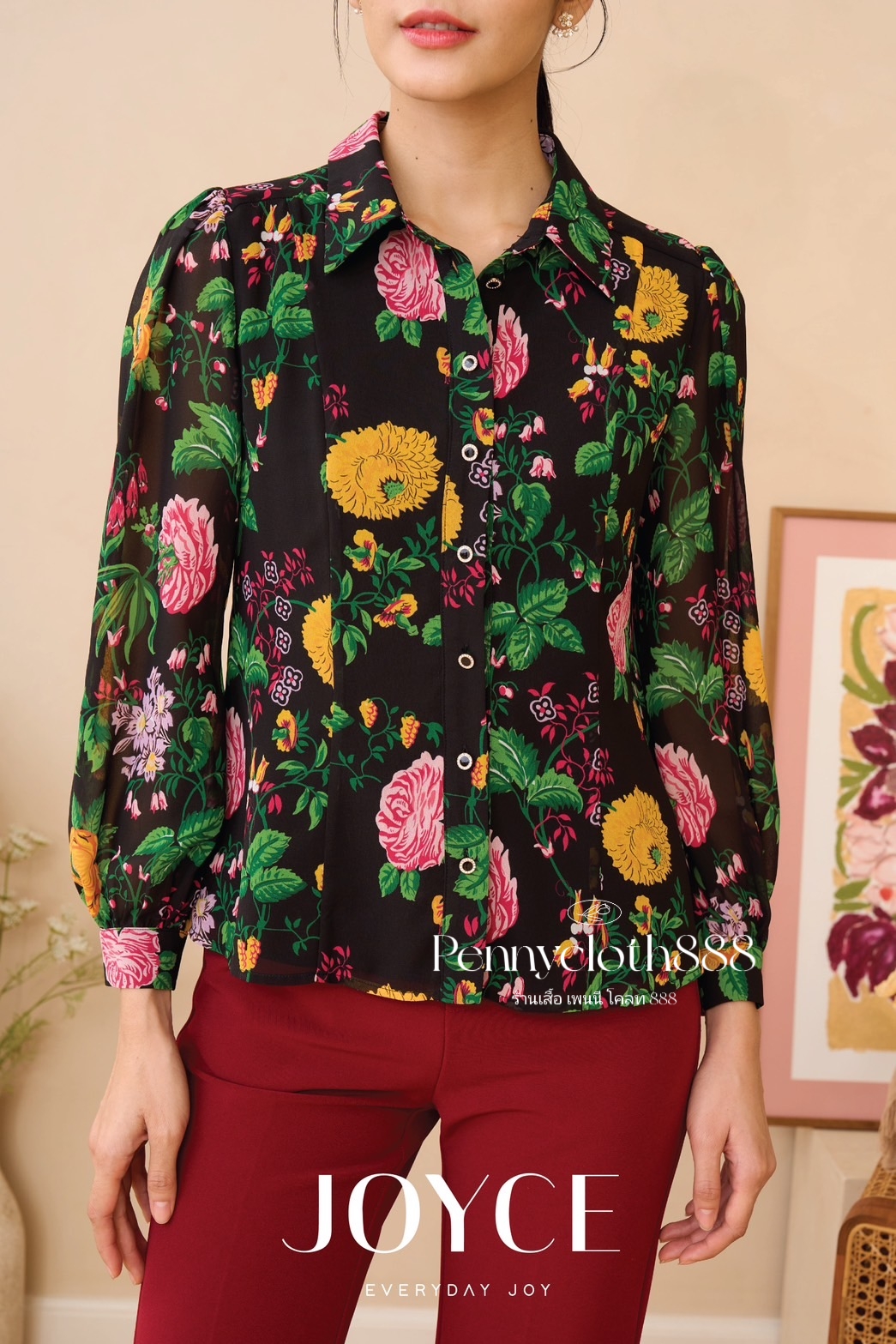 6980 เสื้อเชิ้ต Joyce ชีฟองพิมพ์ลายดอก ทรงเข้ารูป ช่วงเอว เล็กน้อย มีซับในเย็บติด แขนยาว 5 ส่วน