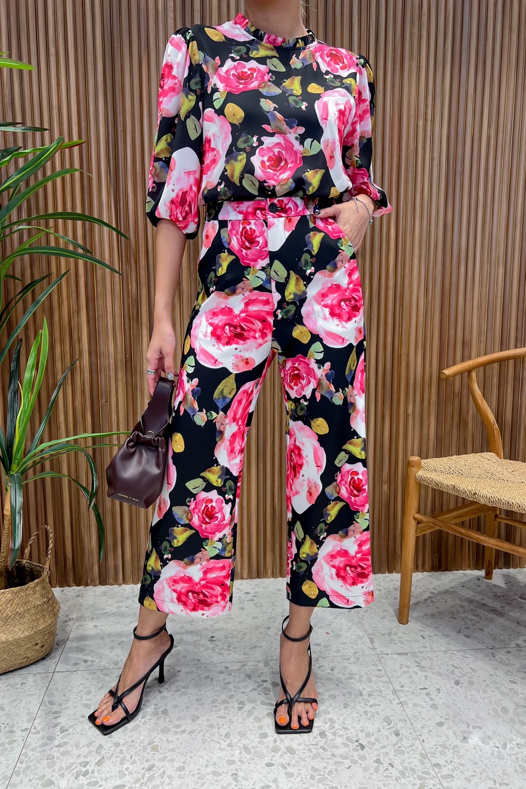 JS0059B 👛🌹A la carte🛍ชุดเซทเสื้อจอร์เจีย กางเกงพิมพ์ลาย ใส่สบาย แขน 3 ส่วน กางเกง5 ส่วนทรงกระบอก 🍀สีม่วง XL