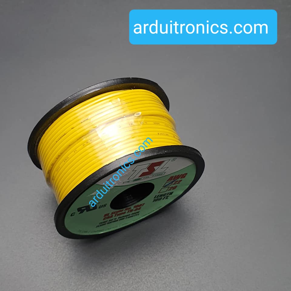 สายไฟอ่อนเส้นเดี่ยว 22AWG UL1007 ความยาว 100 ฟุต (33 เมตร) สีเหลือง
