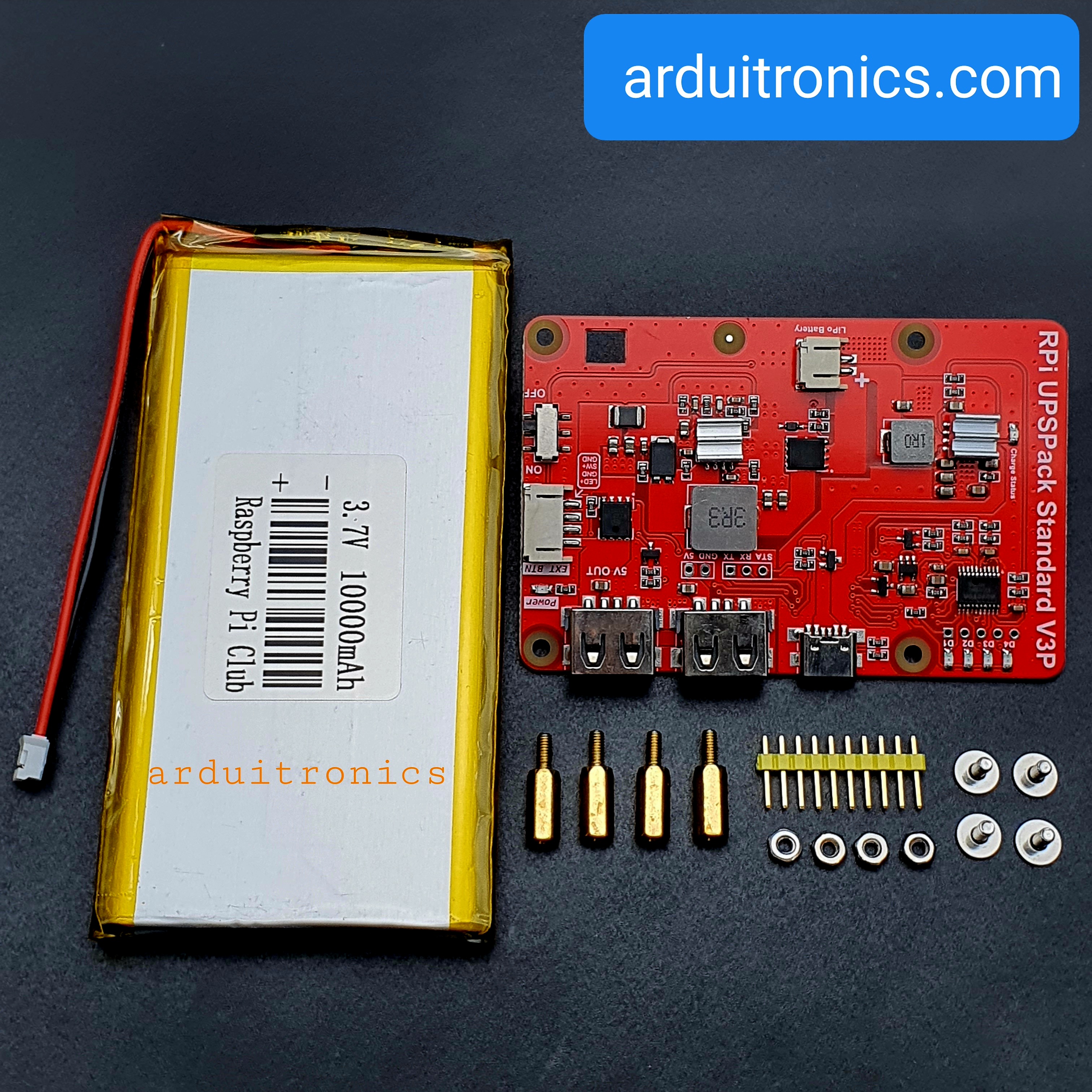Raspberry Pi (RPi) UPSPack Standard V3 PCB สีแดง + ถ่าน 3.7V 10000mAh