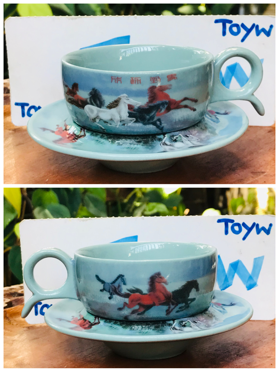 ชุดถ้วยกาแฟ ถ้วยชา พร้อมจานรอง ลายมงคล ลายม้า 8 ตัว #ความสำเร็จแปดทิศ ขนาดถ้วยกว้าง 3 นิ้ว สูง 2 นิ้ว ขนาดจานรองกว้าง 4 นิ้ว