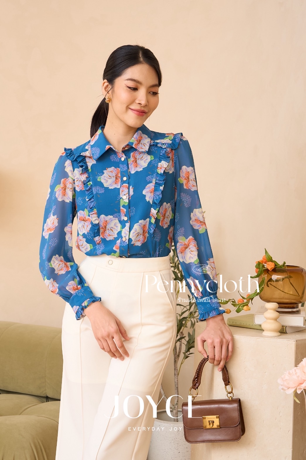 7015 เสื้อเชิ้ต Joyce ชีฟองพิมพ์ลาย แต่งระบาย มีกระดุมหน้า ซับใน แขนยาว by PENNY CLOTH