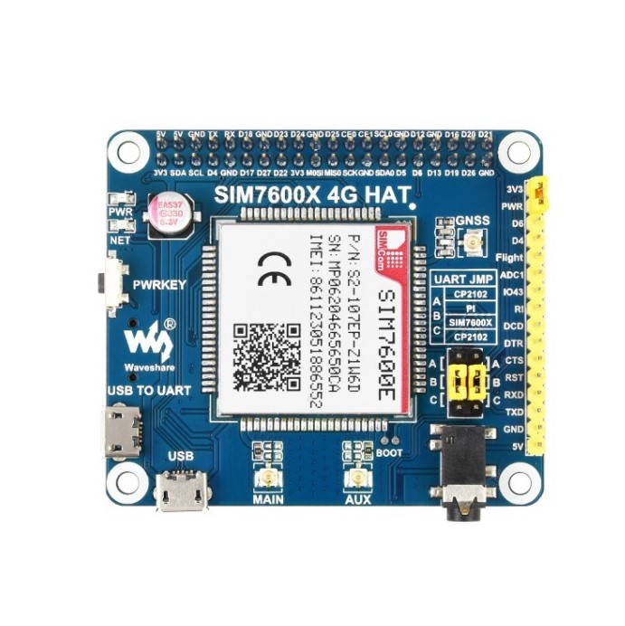 SIM7600E LTE Cat-1 HAT for Raspberry Pi, 3G / 2G / GNSS as well, for Southeast Asia, West Asia, Europe, Africa (Waveshare)