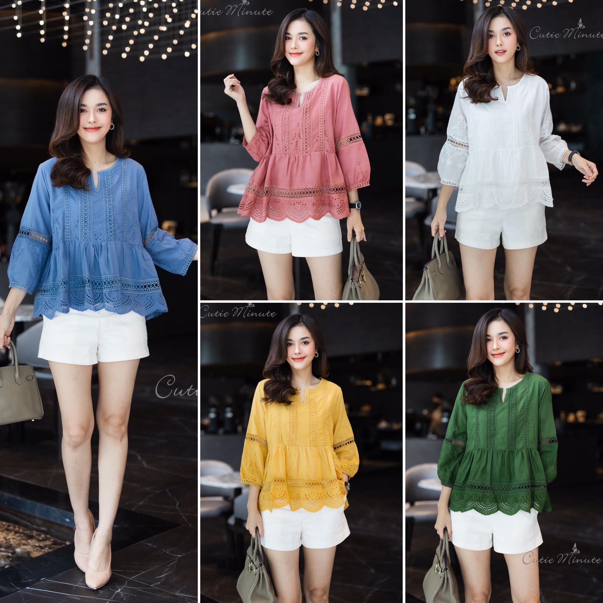 P0236 เสื้อผ้าฝ้ายญี่ปุ่น เนื้อผ้านิ่ม ดีเทลลายฉลุ แต่งแถบลูกไม้ ทรงระบายจับจีบ มีซับใน ใส่สบาย อก 44 สีฟ้า เขียว ขาว เหลือง แดง น้ำตาล