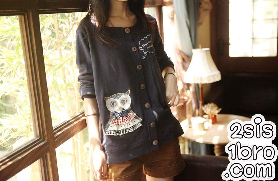 Pre-order แจ็กเก็ตผ้านุ่มสีน้ำเงิน แต่งด้วย Patchwork ลายนกฮูก
