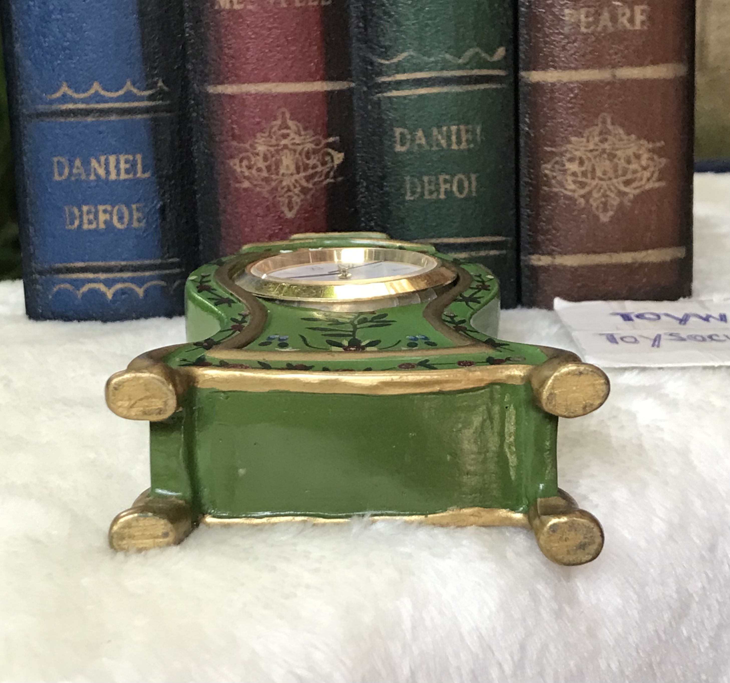 นาฬิกาตั้งโต๊ะโบราณ ขนาดเล็ก/ใช้งานปกติ Antique Swiss Made Beyer Clock,Green Case w/ Hand Painted Flowers