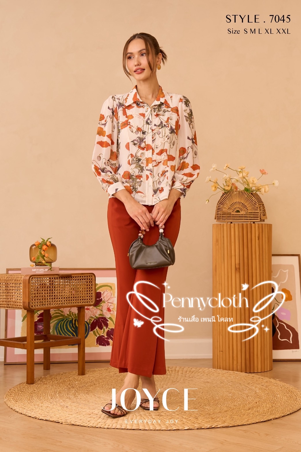 7045 เสื้อเชิ้ตแขนยาว ชีฟองพิมพ์ลาย กระดุมหน้า มีซับในเย็บติด อก 36-44" by PENNY CLOTH