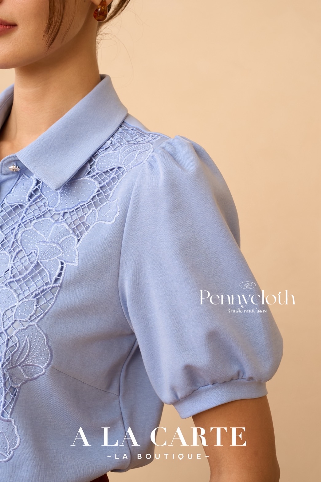 69969 เสื้อยืด A La Carte คอปกโปโล แขนสั้น งานปักฉลุ by PENNY CLOTH อก 38-46"