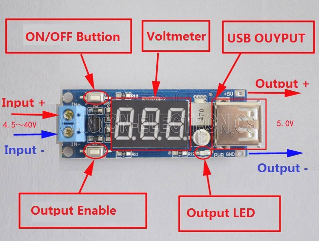 DC-to-DC Voltage Step Down (from 4.5V - 40V to 5V) + LED Voltmeter