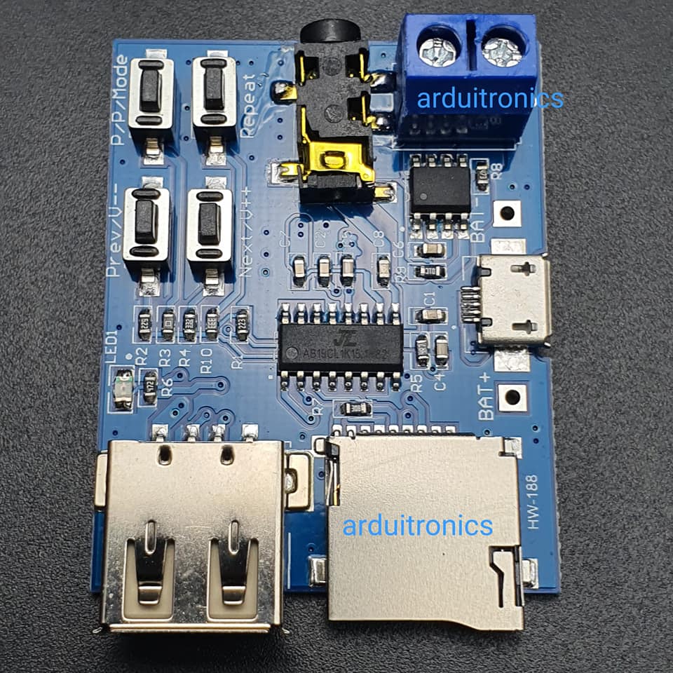 โมดูลเล่นเพลง MP3 รองรับ SD Card และ FlashDrive พร้อม Jack 3.5 ต่อกับหูฟังหรือเครื่องขยายเสียง