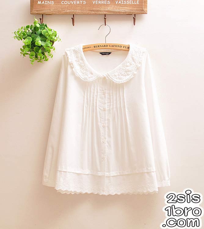 Preorder เสื้อเชิ๊ตขาวแขนยาว ปกบัว ชายเสื้อลูกไม้