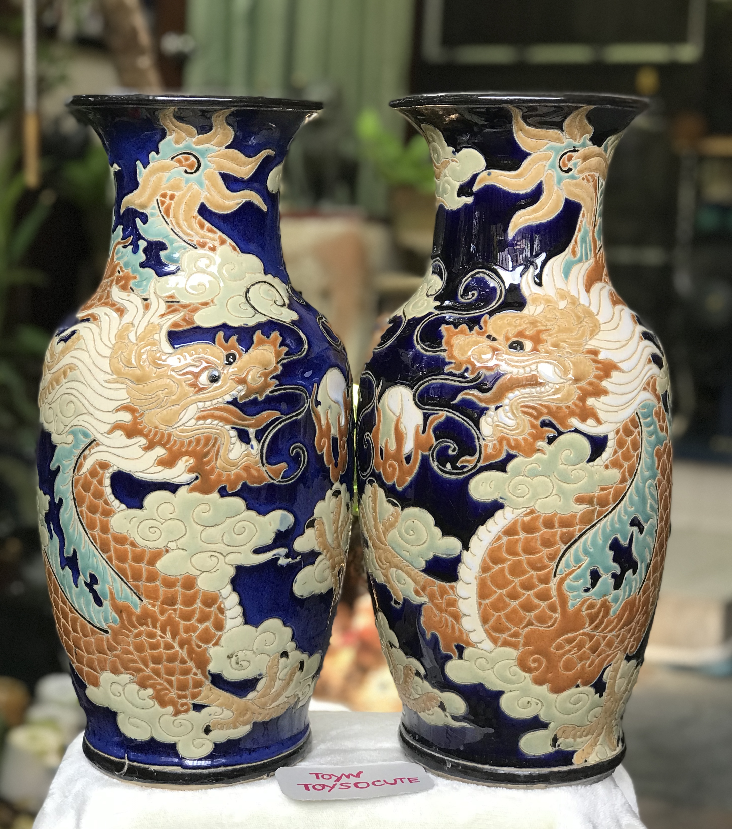 ￼Antique Chinese Vases 1 คู่ แจกันเซรามิคลายมังกรดั้นเมฆ แจกันเซรามิคลายมงคล แจกันดอกไม้ ตกแต่งบ้าน