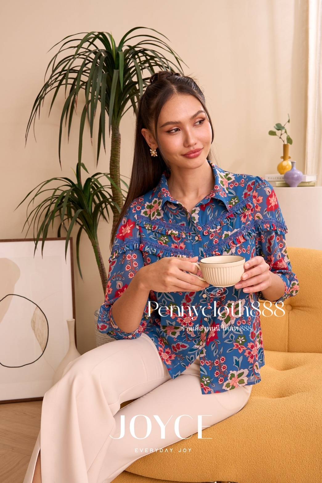 6997 เสื้อเชิ้ต Joyce ชีฟองพิมพ์ลายดอก แต่งทริม กระดุมหน้า มีซับใน แขน 3 ส่วน by PENNY CLOTH 888