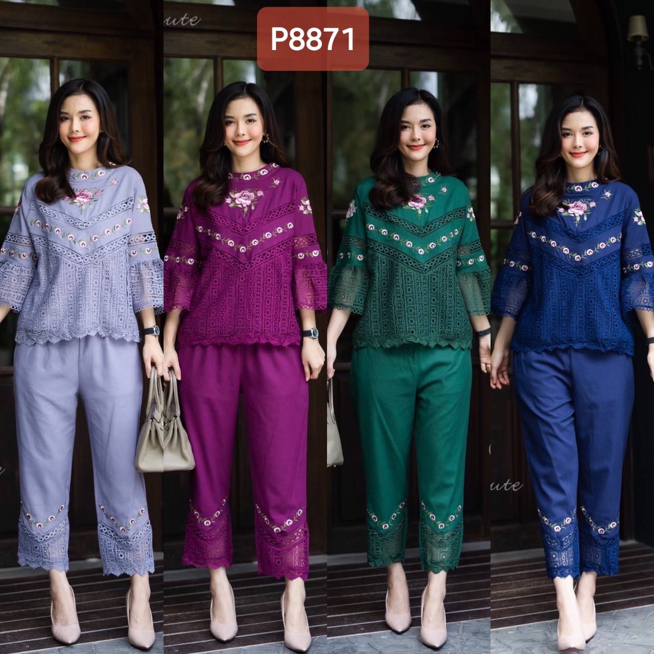 P8871 ชุดเซ็ทลินินฝ้าย งานปักดอกไม้ ตกเเต่งลูกไม้สวยทั้งตัว เสื้อดีเทลแน่นๆงานปักสวยๆ อก ฟรีไซส์ 44" สี ม่วงมะปราง