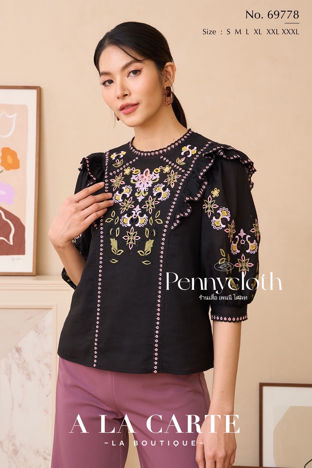 69778 เสื้อ A La Carte คอตตอน งานปักมัลติคัลเลอร์ แขน 3 ส่วน มีซับใน by PENNY CLOTH