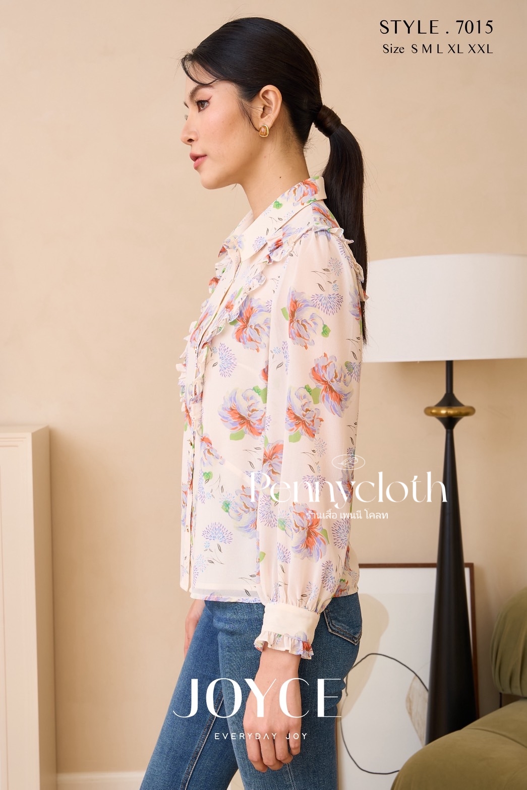 7015 เสื้อเชิ้ต Joyce ชีฟองพิมพ์ลาย แต่งระบาย มีกระดุมหน้า ซับใน แขนยาว by PENNY CLOTH
