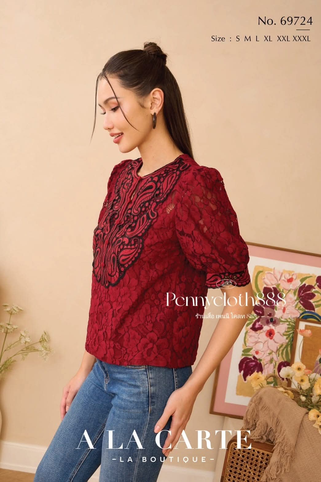 69724 เสื้อ A La Carte ลูกไม้คอร์ด คอกลม แต่งลูกไม้ แขนสั้น มีซับใน by PENNY CLOTH 888