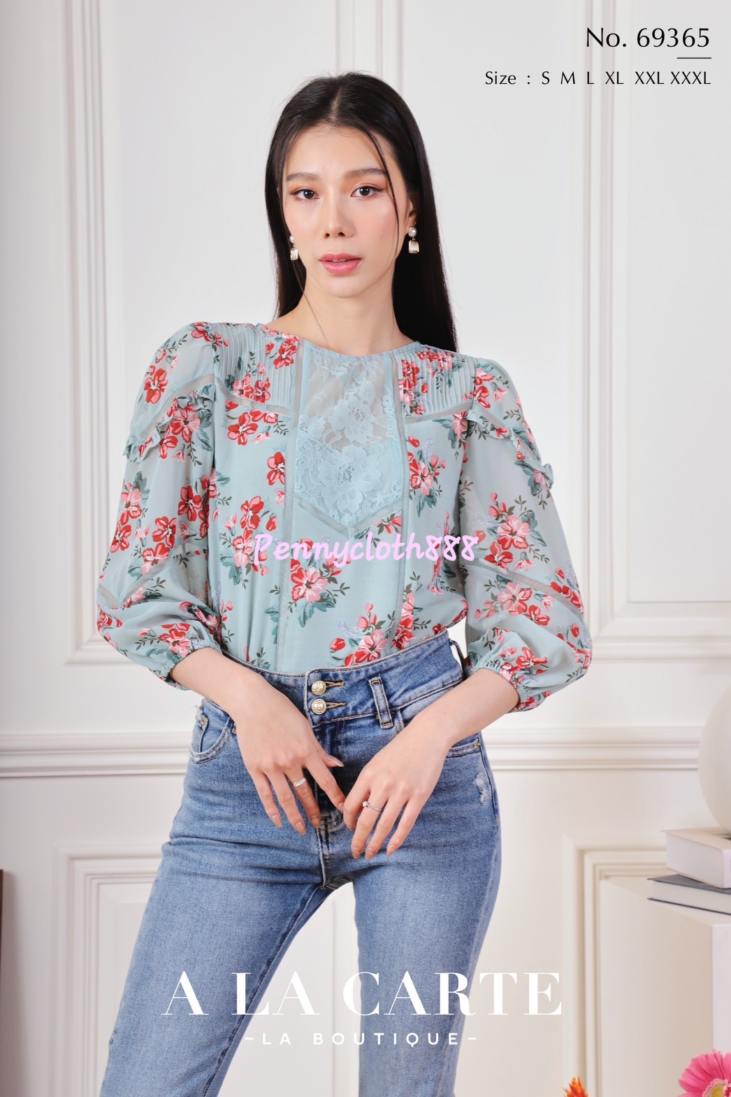 69365 เสื้อชีฟองพิมพ์ลายดอก แต่งผ้าลูกไม้ ตีเกล็ด มีซับใน เนื้อผ้าใส่สบาย สีเขียว M สีกรม M สีครีม 3XL