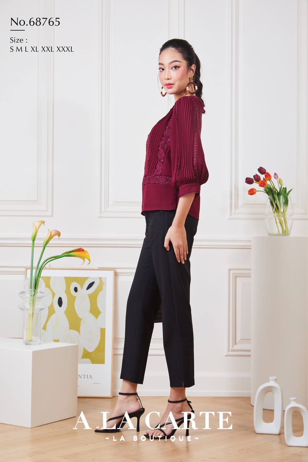 68765 เสื้อชีฟอง A LA CARTE งานปัก แทรกทริม สวยหรู มีซับใน ขนาด 3XL 46" สีขาว แดง เทา