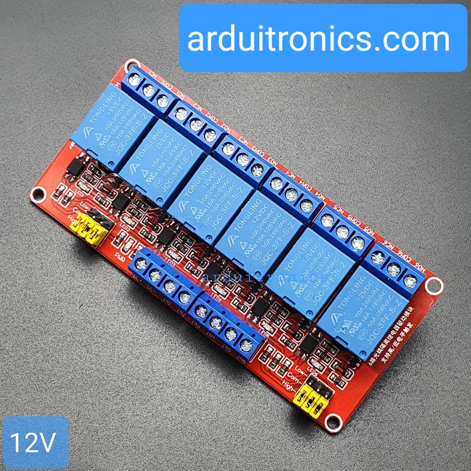 6 Channel Relay Module High/Low Level Trigger (12V) - Red PCB
