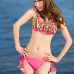 ***พรีออเดอร์***บิกินี่ชุดว่ายน้ำทูพีซ two pieces สีชมพูผสมเขียวตกแต่งรูปดอกไม้ เล่นดีเทลที่สายผูกตกแต่งคล้ายดอกไม้ห้อยเรียงเป็นชั้นๆ น่ารักมากๆ ค่ะ