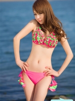 ***พรีออเดอร์***บิกินี่ชุดว่ายน้ำทูพีซ two pieces สีชมพูผสมเขียวตกแต่งรูปดอกไม้ เล่นดีเทลที่สายผูกตกแต่งคล้ายดอกไม้ห้อยเรียงเป็นชั้นๆ น่ารักมากๆ ค่ะ