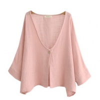 Pre-Order เสื้อคลุมผ้าฝ้าย ตัวสั้น แขนสามส่วน - สีชมพู