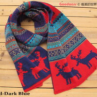 Pre-order ผ้าพันคอไหมพรมผสมวูล แนวโบฮีเมียน ลายกวาง - สี Red-Dark Blue