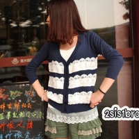 Pre-Order เสื้อเสว็ตเตอร์กระดุมหน้า แต่งลูกไม้ที่อก สวยหวาน - สีน้ำเงิน