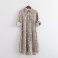 Pre-Order เดรสผ้าฝ้าย ทรงเชิ้ตตัวยาว แขนยาว เอวผูก- sz S สีน้ำตาล