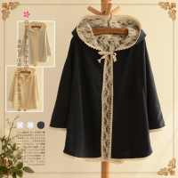 Pre-Order เสื้อคลุมมีฮู้ด ผูกคอ ด้านในซับผ้าลูกไม้ - สีน้ำเงิน