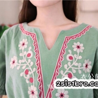 Pre-Order เดรสผ้าฝ้าย เอวผูก ปักลายดอกไม้ ช่วงอก- สีเขียว
