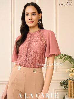 69511 เสื้อลูกไม้เนื้อทอบาง แต่งทริม ทรงแขนแร็กแลนผ้าชีฟอง มีซับใน