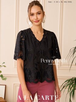 เสื้อรุ่นใหม่ A La Carte รหัส 69982 ลูกไม้จอร์เจีย งานปักฉลุ คอวี แขนสั้นแฟร์ มีซับใน by PENNY CLOTH