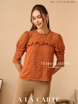 69478 เสื้อ A La Carte ชีฟองงานปักฉลุ คอกลม ทรงแขนพองช่วงบนปลายกระบอก มีกระดุมหลัง มีซับใน