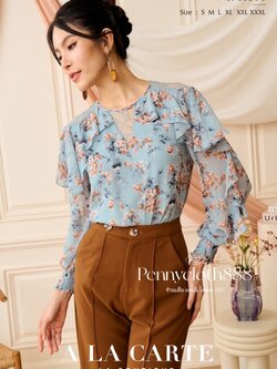 69398 เสื้อ A La Carte ชีฟองพิมพ์ลาย แต่งลูกไม้ ช่วงอกและบ่า มีซับใน แขน 3 ส่วน ปลายสม็อก