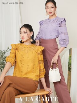 68914🍀A La Carte🎡เสื้อคอตตอนปักลายขึ้นใหม่ ช่วงอกปักฉลุทอเป็นลูกไม้ ผ่าติดกระดุมด้านหน้า แขนตัดต่อลูกไม้สลับงานปัก แต่งระบายที่หัวไหล่ เนื้อผ้านุ่ม 🦋สี ม่วง L,2XL,3XL เหลือง 2XL-3XL