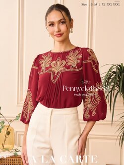 69685 เสื้อ A La Carte ชีฟองงานปักฉลุ ทูโทน มีซับใน คอกลมปาดแต่งทริม ตีเกล็ด แขน 4 ส่วน ผ้าทิ้งตัวใส่สบาย