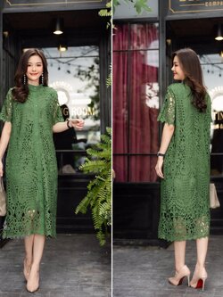 P0629🍀Maxi dress ผ้าลูกไม้เกรดดี ลายลูกไม้สวย แต่งมุกสีเดียวกับชุดหรู มีเชือกผูกเอว มีซับใน ฟรีไซซ์ อก 44 สะโพก 48 ยาว 48" (เหมาะกับลูกค้า อก 35-42") สีเขียว ฟ้า ชมพู