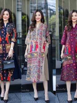 P1112 Maxiเดรสผ้าฝ้ายลินินเกาหลี เนื้อผ้าหนากำลังดี ลายพิมพ์คมชัดสวยงาม ตัดต่อสลับสีพื้น แต่งด้วยกระดุมไม้ มีกระเป๋า อก 44" สะโพก 52” ยาว 47" สี กากี เลือดหมู